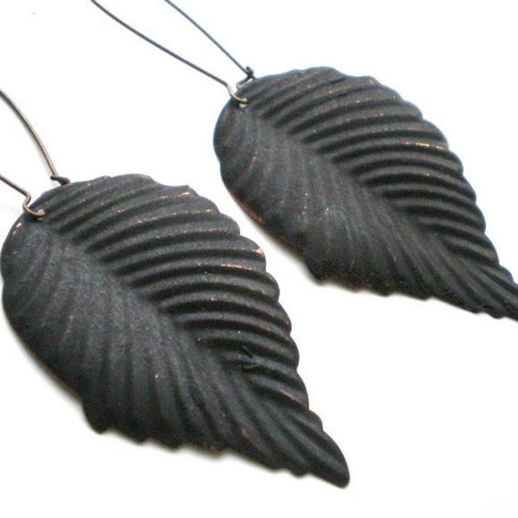 Black Leaf Hand Painted Earrings - Picture 2 of 3